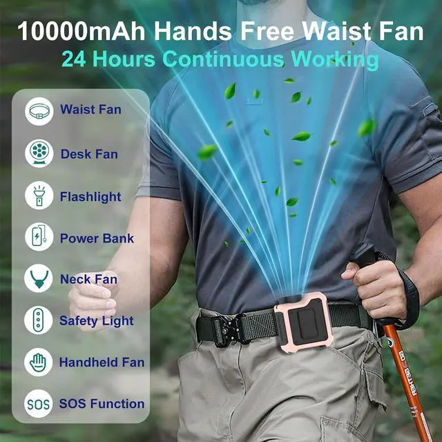 Alt view image 5 of 7 - 7-in-1 Multi-Use Portable Waist Clip Turbo Fan,Personal Wearable Rechargeable Powerful Cooling Fan,10000mAh,24H Lasting,LED Display, Flashlight,Neck Handheld Outdoor Fans,Gifts for Men Women (Pink)