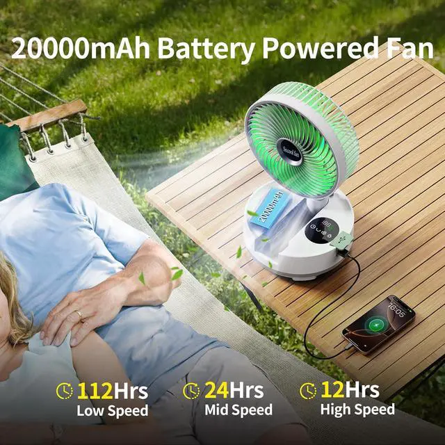 Alt view image 2 of 7 - Socool 8 inch Portable Fan-Battery Operated Fan, Oscillating Rechargeable Fan with 20000mAh, Remote Control LED Lights, 112Hrs Works, Portable Foldable Fan for Camping travel Outdoor