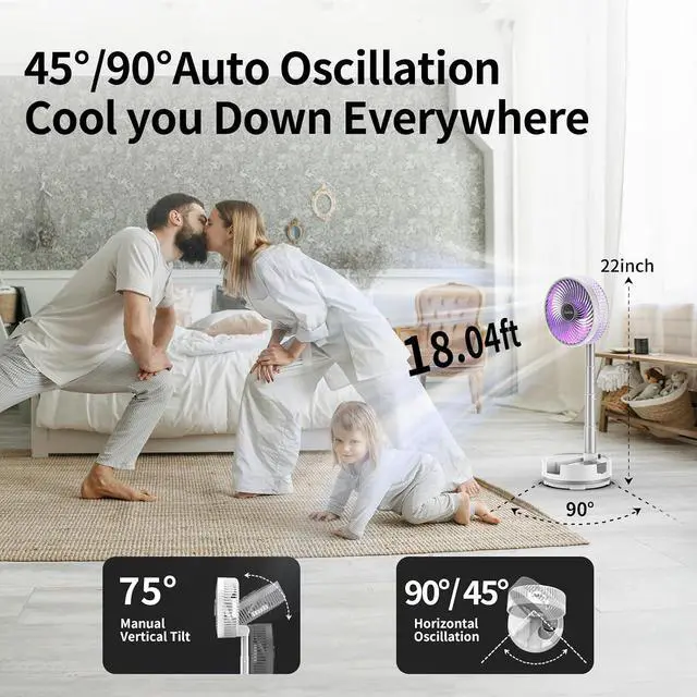 Alt view image 4 of 7 - Socool 8 inch Portable Fan-Battery Operated Fan, Oscillating Rechargeable Fan with 20000mAh, Remote Control LED Lights, 112Hrs Works, Portable Foldable Fan for Camping travel Outdoor