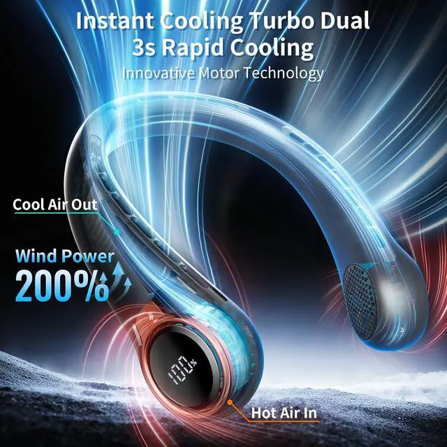 Alt view image 2 of 7 - BNBZ Portable Neck Fan, 6000mAh Rechargeable Fan Blows Cold Air with LED Display, 4 Speeds, 20H Runtime, Quiet Wearable 360° Personal Cooling Fan for Outdoor Travel Work Gym,Fireplace Fans