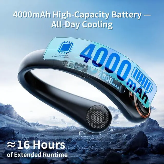 Alt view image 3 of 7 - BNBZ Portable Neck Fan, 6000mAh Rechargeable Fan Blows Cold Air with LED Display, 4 Speeds, 20H Runtime, Quiet Wearable 360° Personal Cooling Fan for Outdoor Travel Work Gym,Fireplace Fans