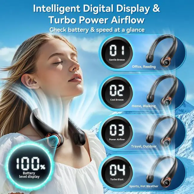 Alt view image 4 of 7 - BNBZ Portable Neck Fan, 6000mAh Rechargeable Fan Blows Cold Air with LED Display, 4 Speeds, 20H Runtime, Quiet Wearable 360° Personal Cooling Fan for Outdoor Travel Work Gym,Fireplace Fans