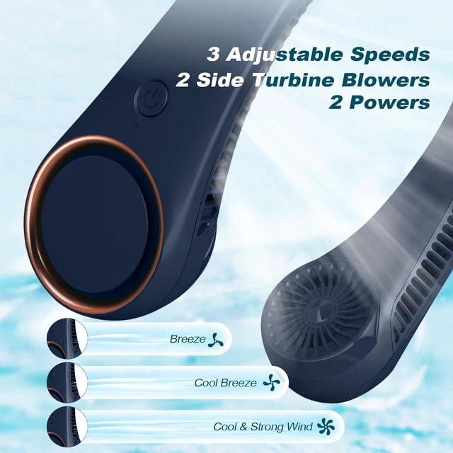 Alt view image 3 of 7 - CIVPOWER Neck Fan: Portable Personal Neck Cooling Rechargeable Bladeless Fan - Hands Free 3 Speed 4000 mAh Battery USB Operated Wearable Headphone Design - for Men Women Outdoor Indoor (Dark Blue)