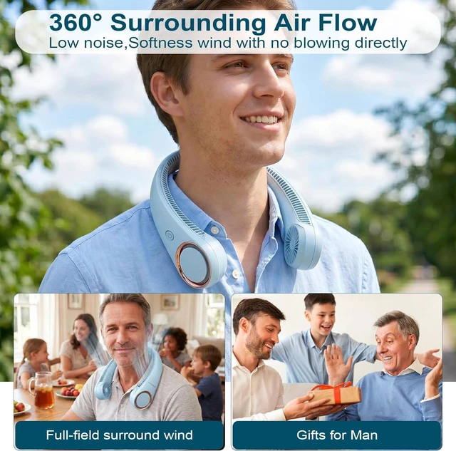 Alt view image 2 of 7 - CIVPOWER Neck Fan: Portable Personal Neck Cooling Rechargeable Bladeless Fan - Hands Free 3 Speed 4000 mAh Battery USB Operated Wearable Headphone Design - for Men Women Outdoor Indoor (Light Blue)