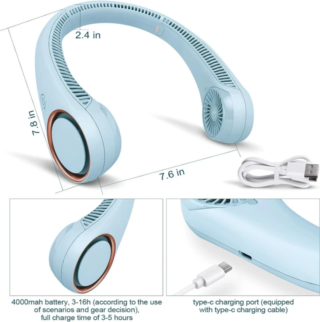 Alt view image 3 of 7 - CIVPOWER Neck Fan: Portable Personal Neck Cooling Rechargeable Bladeless Fan - Hands Free 3 Speed 4000 mAh Battery USB Operated Wearable Headphone Design - for Men Women Outdoor Indoor (Light Blue)