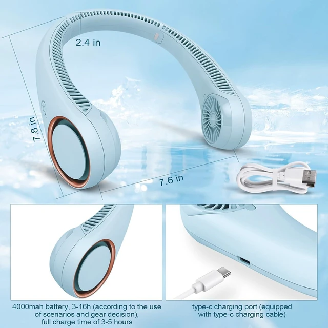 Alt view image 5 of 7 - CIVPOWER Neck Fan: Portable Personal Neck Cooling Rechargeable Bladeless Fan - Hands Free 3 Speed 4000 mAh Battery USB Operated Wearable Headphone Design - for Men Women Outdoor Indoor (Light Blue)