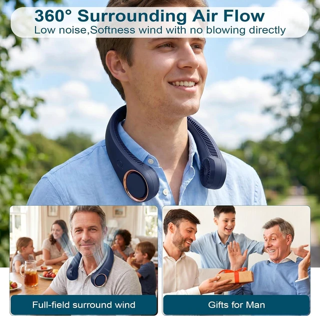 Alt view image 2 of 7 - CIVPOWER Neck Fan: Portable Personal Neck Cooling Rechargeable Bladeless Fan - Hands Free 3 Speed 4000 mAh Battery USB Operated Wearable Headphone Design - for Men Women Outdoor Indoor (Dark Blue)