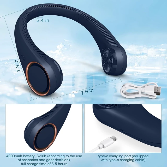 Alt view image 4 of 7 - CIVPOWER Neck Fan: Portable Personal Neck Cooling Rechargeable Bladeless Fan - Hands Free 3 Speed 4000 mAh Battery USB Operated Wearable Headphone Design - for Men Women Outdoor Indoor (Dark Blue)