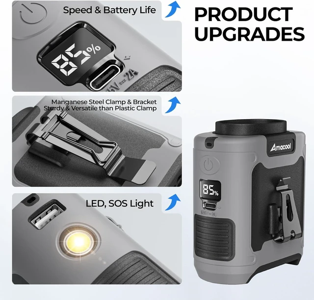 Alt view image 6 of 7 - AMACOOL Portable Waist Fan Clip On, MAX 40H Work Time, 10000mAh Rechargeable Wearable Shirt Fan with Light, 16000RPM Powerful 5 Speed Belt Fans Personal Cooling Fans for Outdoor Jobsite Travel