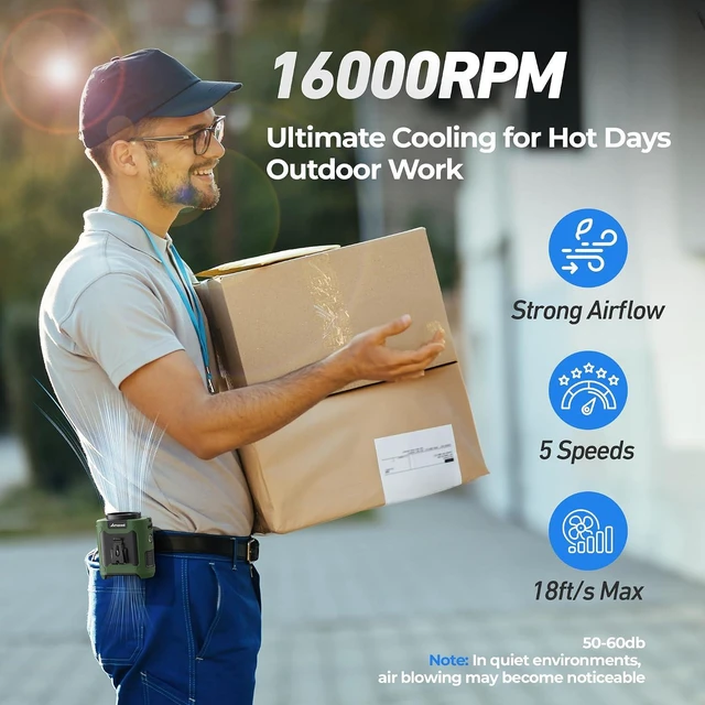 Alt view image 5 of 7 - AMACOOL Portable Waist Fan Clip On, MAX 40H Work Time, 10000mAh Rechargeable Wearable Shirt Fan with Light, 16000RPM Powerful 5 Speed Belt Fans Personal Cooling Fans for Outdoor Jobsite Travel