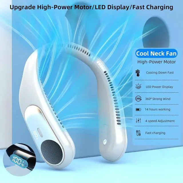 Alt view image 3 of 7 - Portable Neck Fan,Personal Wearable Bladeless Fan,LED Display,4-Speeds,6000mAh USB Rechargeable,360° Strong Cooling Wind,Hands Free,White Elephant Gift,Christmas Gifts for Men Women (off-white)