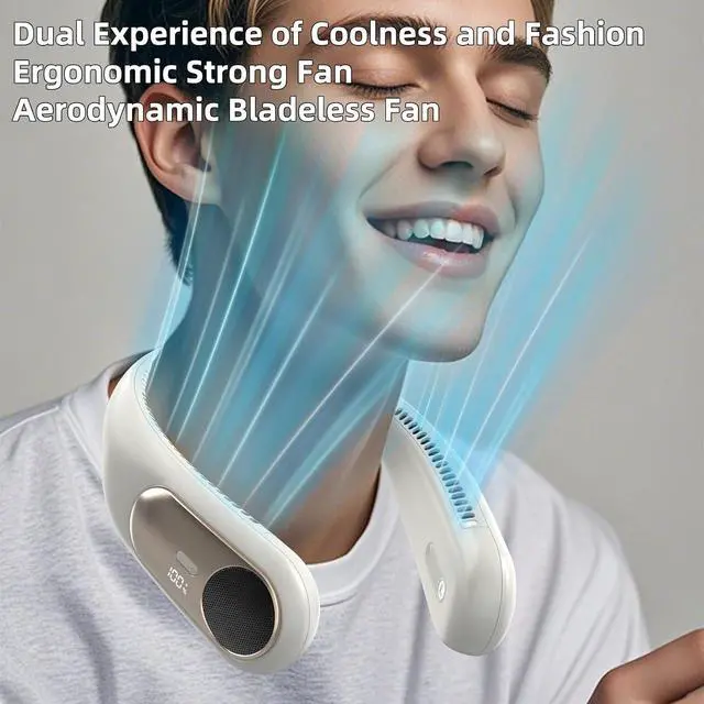 Alt view image 7 of 7 - Portable Neck Fan,Personal Wearable Bladeless Fan,LED Display,4-Speeds,6000mAh USB Rechargeable,360° Strong Cooling Wind,Hands Free,White Elephant Gift,Christmas Gifts for Men Women (off-white)