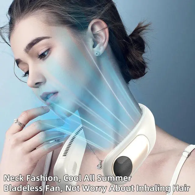 Alt view image 6 of 7 - Portable Neck Fan,Personal Wearable Bladeless Fan,LED Display,4-Speeds,6000mAh USB Rechargeable,360° Strong Cooling Wind,Hands Free,White Elephant Gift,Christmas Gifts for Men Women (off-white)