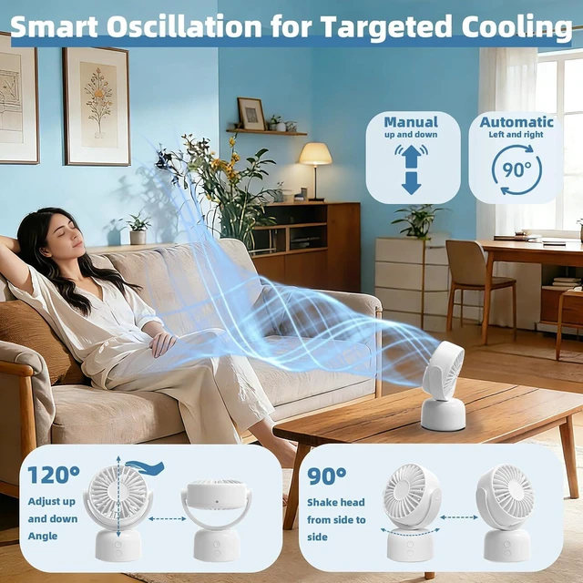 Alt view image 2 of 7 - Small Oscillating Desk Fan USB Rechargeable 3 Speed Portable Mini Cooling Fan Quiet Personal Fan for Home Office Bedroom