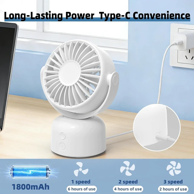Alt view image 5 of 7 - Small Oscillating Desk Fan USB Rechargeable 3 Speed Portable Mini Cooling Fan Quiet Personal Fan for Home Office Bedroom