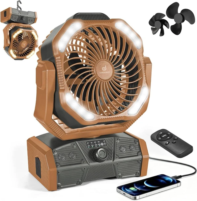 Main image of Odoland 40000mAh Camping Fan with LED Light, Auto-Oscillating Desk Fan with Remote & Hook, Rechargeable Battery Operated Outdoor Tent Fan with Timer, Power Fan for Camp,Travel,Jobsite and Beach,Brown