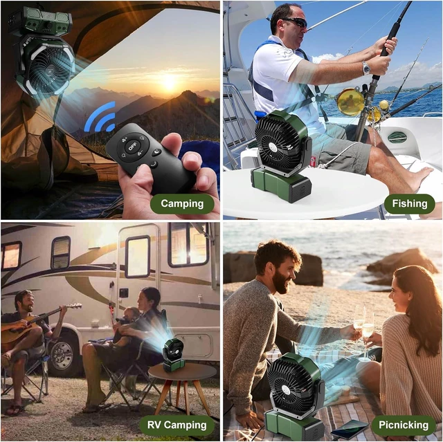 Alt view image 7 of 7 - Odoland 40000mAh Camping Fan with LED Light, Auto-Oscillating Desk Fan with Remote & Hook, Rechargeable Battery Operated Outdoor Tent Fan with Timer, Power Fan for Camp,Travel,Jobsite and Beach,Green