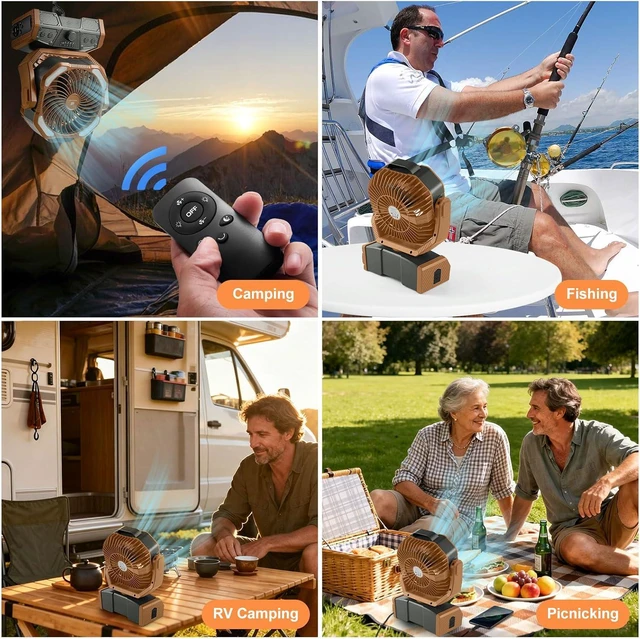 Alt view image 2 of 7 - Odoland 40000mAh Camping Fan with LED Light, Auto-Oscillating Desk Fan with Remote & Hook, Rechargeable Battery Operated Outdoor Tent Fan with Timer, Power Fan for Camp,Travel,Jobsite and Beach,Brown