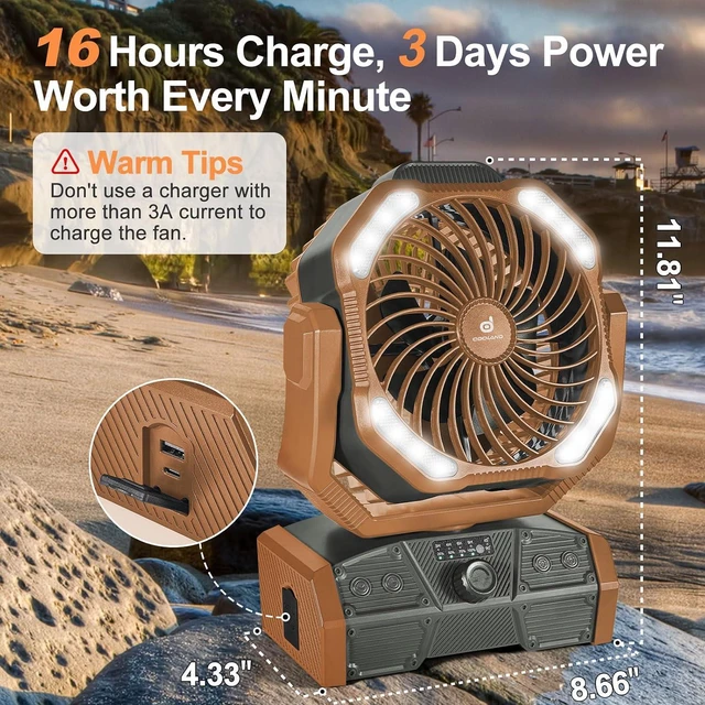 Alt view image 4 of 7 - Odoland 40000mAh Camping Fan with LED Light, Auto-Oscillating Desk Fan with Remote & Hook, Rechargeable Battery Operated Outdoor Tent Fan with Timer, Power Fan for Camp,Travel,Jobsite and Beach,Brown