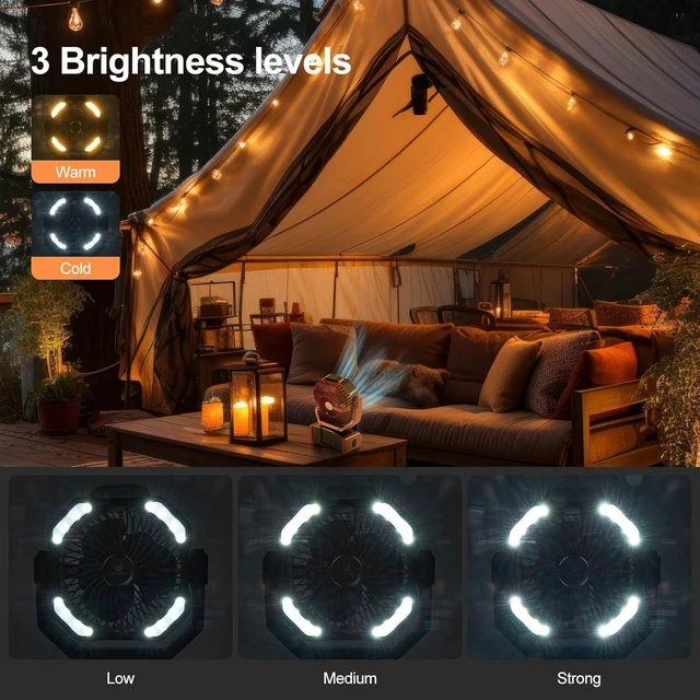 Alt view image 5 of 7 - Odoland 40000mAh Camping Fan with LED Light, Auto-Oscillating Desk Fan with Remote & Hook, Rechargeable Battery Operated Outdoor Tent Fan with Timer, Power Fan for Camp,Travel,Jobsite and Beach,Brown