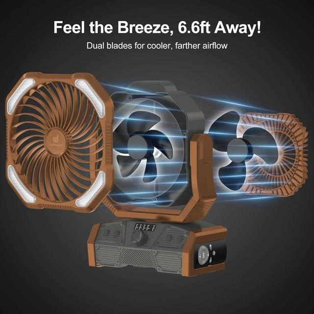 Alt view image 6 of 7 - Odoland 40000mAh Camping Fan with LED Light, Auto-Oscillating Desk Fan with Remote & Hook, Rechargeable Battery Operated Outdoor Tent Fan with Timer, Power Fan for Camp,Travel,Jobsite and Beach,Brown