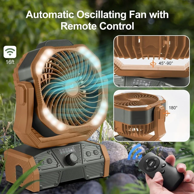 Alt view image 7 of 7 - Odoland 40000mAh Camping Fan with LED Light, Auto-Oscillating Desk Fan with Remote & Hook, Rechargeable Battery Operated Outdoor Tent Fan with Timer, Power Fan for Camp,Travel,Jobsite and Beach,Brown