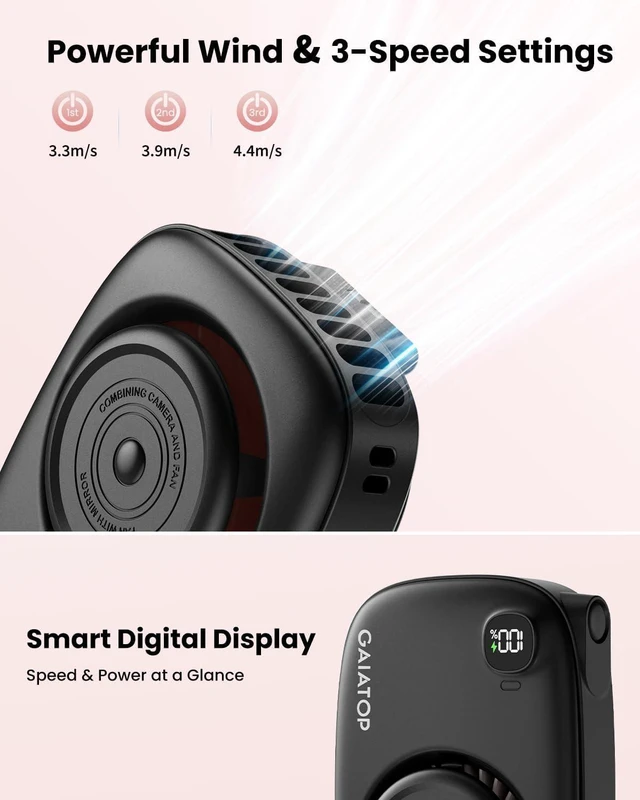 Alt view image 2 of 6 - Gaiatop Mini Neck Fan, Rechargeable Handheld Desk Use, LED Power Display 3 Speed 360°Rotate Mirror for Lash Makeup, Cute Camera Design Small Portable USB Fans Personal Cooling Travel Essentials