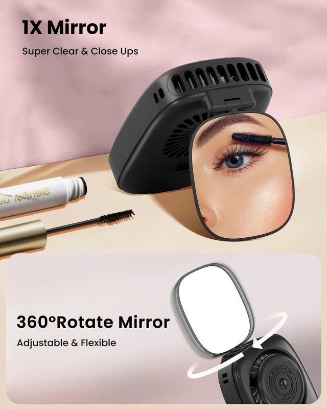 Alt view image 3 of 6 - Gaiatop Mini Neck Fan, Rechargeable Handheld Desk Use, LED Power Display 3 Speed 360°Rotate Mirror for Lash Makeup, Cute Camera Design Small Portable USB Fans Personal Cooling Travel Essentials