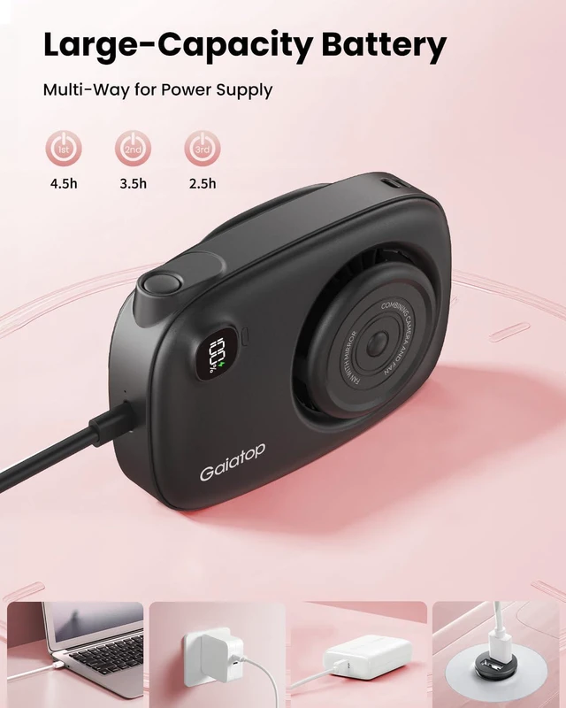 Alt view image 5 of 6 - Gaiatop Mini Neck Fan, Rechargeable Handheld Desk Use, LED Power Display 3 Speed 360°Rotate Mirror for Lash Makeup, Cute Camera Design Small Portable USB Fans Personal Cooling Travel Essentials