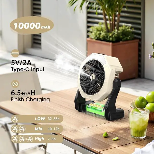 Alt view image 4 of 7 - Portable Misting Fan, 8-Inch 10000mAh Rechargeable Battery Operated Fan, Personal Desk Fan with 250mL Water Tank & LED Lantern, Cooling Mist Fan for Home Desk, Patio, Camping, Outdoor&Indoor Use
