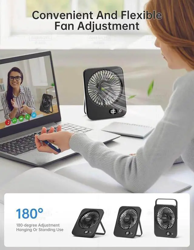 Alt view image 4 of 6 - 4000mAh Rechargeable Battery Desk Fan Portable, Ultra Silent USB Fan with Strong Airflow, 5-Speed Tilt Folding Fan with LCD Display for Office Bedroom Bedside Travel