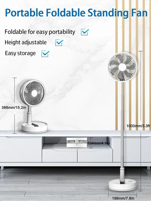 Alt view image 2 of 7 - UNITEDTIME Oscillating Fan with Remote Control, 7200mAh Rechargeable Battery, 4 Speed, Timer, Height Adjustment, Portable Foldable Fan for Travel, Outdoor, Home (White)