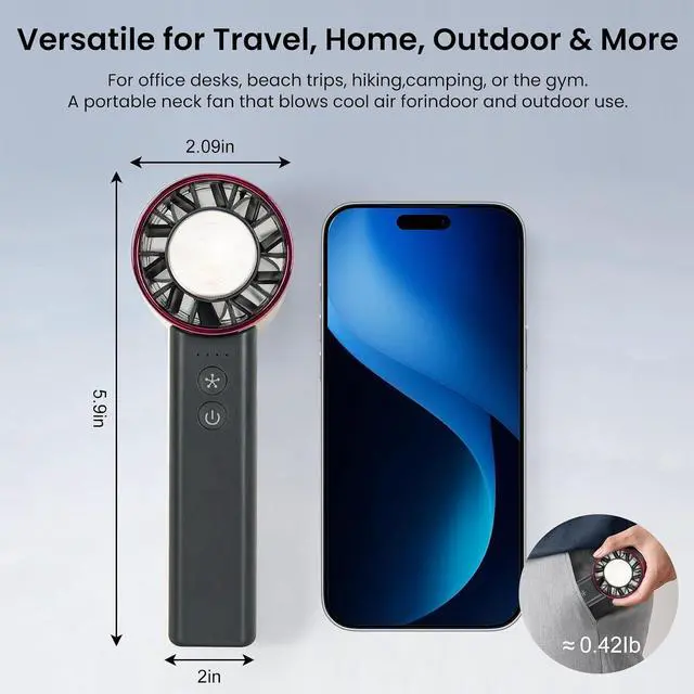 Alt view image 6 of 7 - Handheld Mini Fan with Ice Cooling, 4 Speeds Adjustable Personal Fan, 4800mAh USB-C Rechargeable Battery Operated, Ultra-Quiet Portable Pocket fan for Travel, Home, Office, Outdoor Black