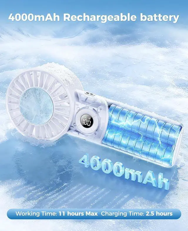 Alt view image 5 of 7 - 2026 Upgrade 3 In 1 Handheld Portable Turbo Fan with Ice Cooler,Rechargeable 100 Speed Mini Personal Fan 10500 RPM Small Pocket Fans Makeup fan for Outdoor,Office,Camping,Travel-White