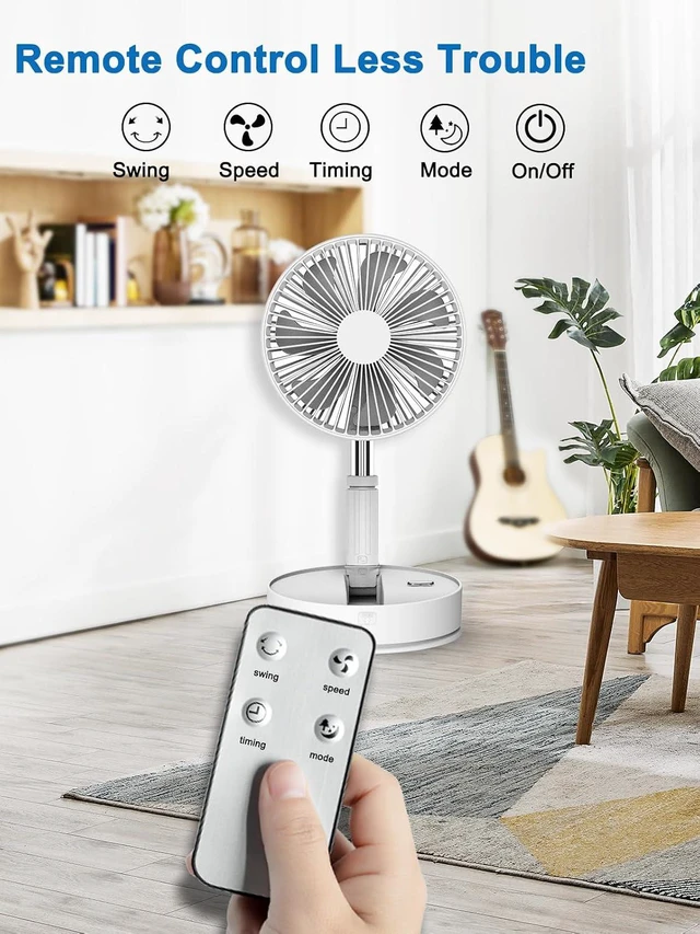 Alt view image 4 of 7 - UNITEDTIME Oscillating Fan with Remote Control, 7200mAh Rechargeable Battery, 4 Speed, Timer, Height Adjustment, Portable Foldable Fan for Travel, Outdoor, Home (White)