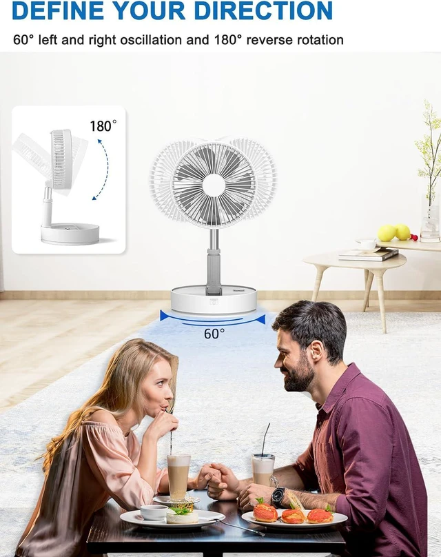 Alt view image 5 of 7 - UNITEDTIME Oscillating Fan with Remote Control, 7200mAh Rechargeable Battery, 4 Speed, Timer, Height Adjustment, Portable Foldable Fan for Travel, Outdoor, Home (White)