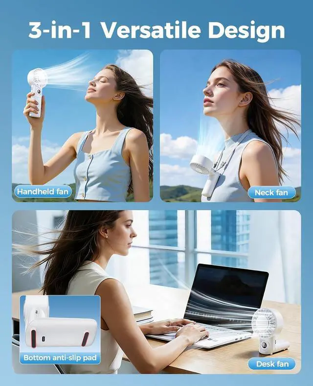 Alt view image 3 of 7 - 2026 Upgrade 3 In 1 Handheld Portable Turbo Fan with Ice Cooler,Rechargeable 100 Speed Mini Personal Fan 10500 RPM Small Pocket Fans Makeup fan for Outdoor,Office,Camping,Travel-White