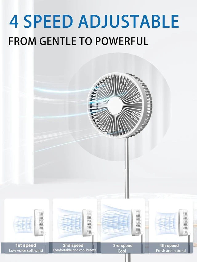 Alt view image 6 of 7 - UNITEDTIME Oscillating Fan with Remote Control, 7200mAh Rechargeable Battery, 4 Speed, Timer, Height Adjustment, Portable Foldable Fan for Travel, Outdoor, Home (White)