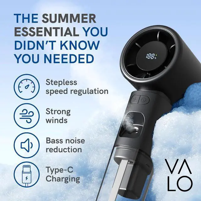 Alt view image 3 of 7 - Valo Portable Rechargeable Fan - Mini Cooling Fan for Travel, USB Desk Personal Fan with 4 Speeds, Quiet Operation, 2,000 mAh Battery, 50ml Water Tank - Titanium Gray