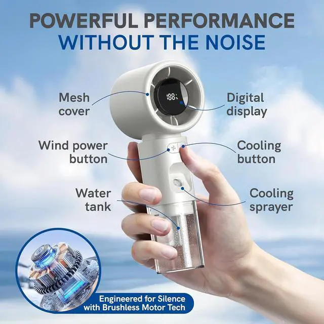 Alt view image 4 of 7 - Valo Portable Rechargeable Fan - Mini Cooling Fan for Travel, USB Desk Personal Fan with 4 Speeds, Quiet Operation, 2,000 mAh Battery, 50ml Water Tank - Titanium Gray