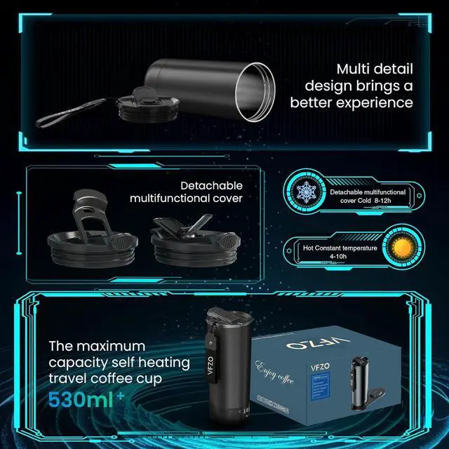Alt view image 4 of 7 - Temperature Control Heated Travel Mug Smart Self Heating Coffee Mug 20 Oz App Controlled LED Display coffee serving sets mug kept at a constant temperature for 4-10 hours (Black, 20 oz)