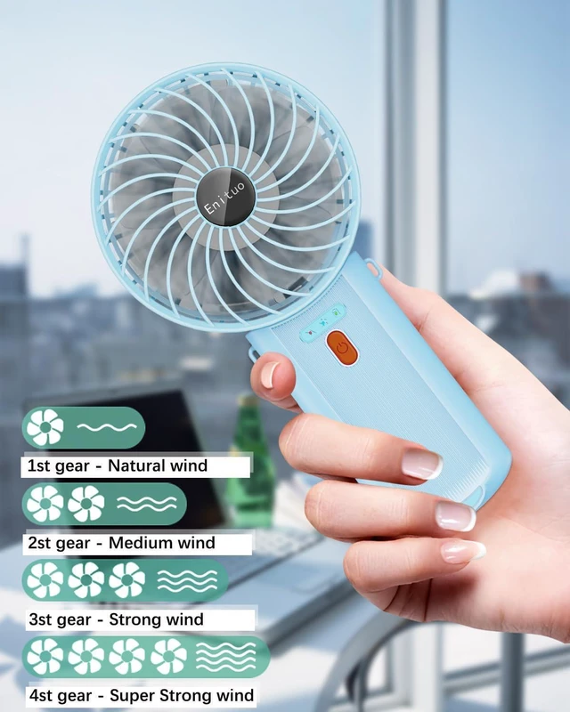 Alt view image 2 of 7 - 2 Pack Portable Handheld Fan, Mini Hand Held Fan, 6-15H Cooling Small Personal Fan, 180° Foldable Mini Desk Fan with 4 Quiet Speed, Neck Fan w/Lanyard for Kids Women Men Travel Office, Light Blue