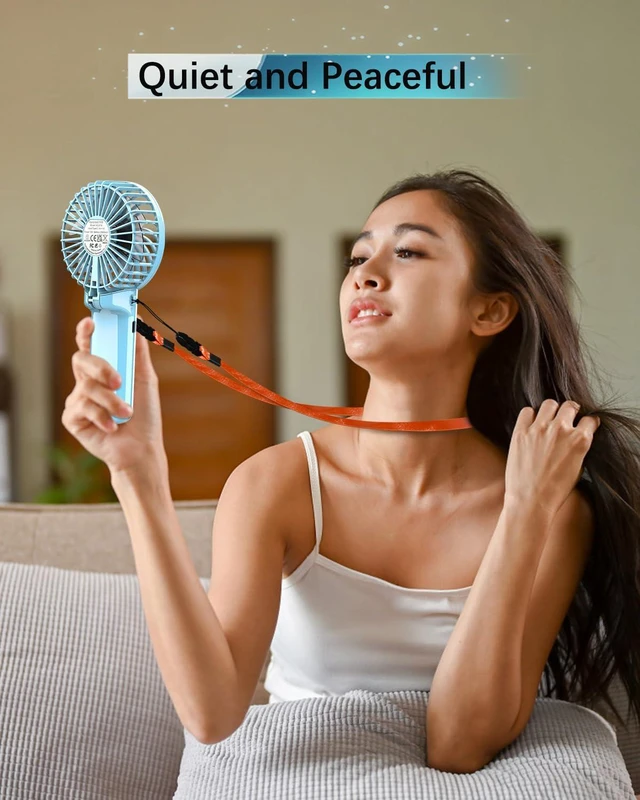 Alt view image 5 of 7 - 2 Pack Portable Handheld Fan, Mini Hand Held Fan, 6-15H Cooling Small Personal Fan, 180° Foldable Mini Desk Fan with 4 Quiet Speed, Neck Fan w/Lanyard for Kids Women Men Travel Office, Light Blue