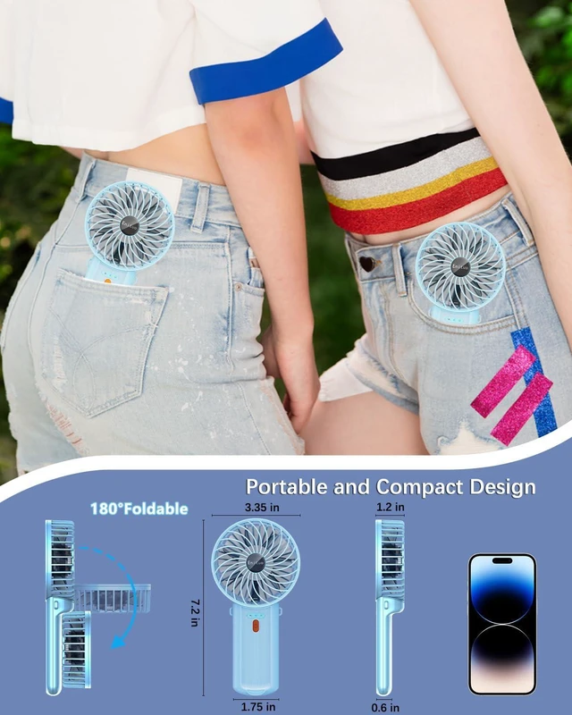 Alt view image 4 of 7 - 2 Pack Portable Handheld Fan, Mini Hand Held Fan, 6-15H Cooling Small Personal Fan, 180° Foldable Mini Desk Fan with 4 Quiet Speed, Neck Fan w/Lanyard for Kids Women Men Travel Office, Light Blue