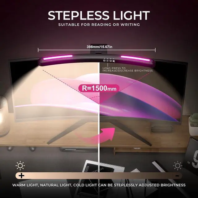 Alt view image 4 of 7 - Monitor Light Bar Curved, RGB Backlight, Computer Screen Lamp | Eye Care Dual Light Mode with Touch Control Timed, Gaming Accessory, Radius of Curvature 1500 mm