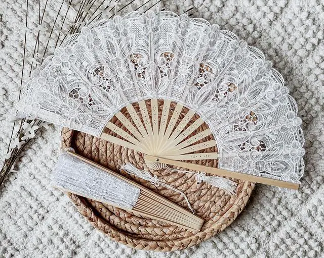 Main image of Victorian-Inspired Cotton Lace Wedding Folding Handheld Fan Vintage Embroidered Bridal Hand Fan for Prom, Cosplay, Tea Party, Costume Party, Dance, Gala, Photo Prop for Shooting (White)