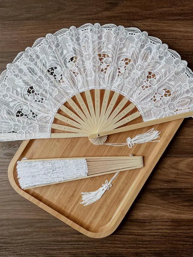 Alt view image 3 of 3 - Victorian-Inspired Cotton Lace Wedding Folding Handheld Fan Vintage Embroidered Bridal Hand Fan for Prom, Cosplay, Tea Party, Costume Party, Dance, Gala, Photo Prop for Shooting (White)