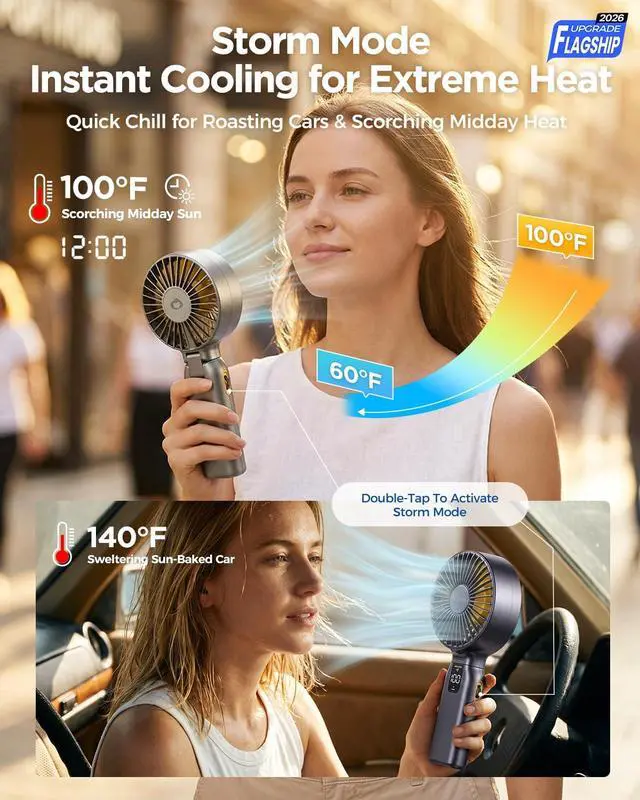 Alt view image 5 of 7 - Funme Handheld Fan, 10000 mAh 46H Hand Fan, 100 Wind Levels & Storm Mode, 4 Inch Wings Portable Fan, 180° Folding, Quiet Rechargeable for Camping, Travel, Holiday, Office, Outdoor, Pink