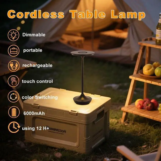Alt view image 4 of 7 - EJQ Rechargeable Cordless Table Lamp, 6000mAh Battery Operated LED Table Lights,Touch Control - 3 Color Dimmable for Bedroom, Patio, Cofee, Outdoor,Dining Home,Restaurant&Living Room-Black