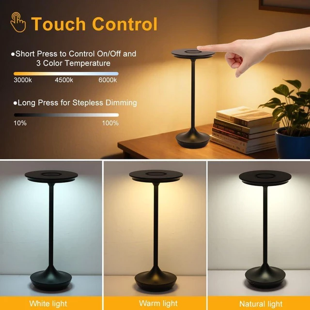 Alt view image 7 of 7 - EJQ Cordless Table Lamp Rechargeable, 6000mAh Battery Operated LED Table Lights Outdoor Portable Touch Dimmable Table Lamp for Bedroom Patio Cofee Restaurant Dining Home Set of 2-Black